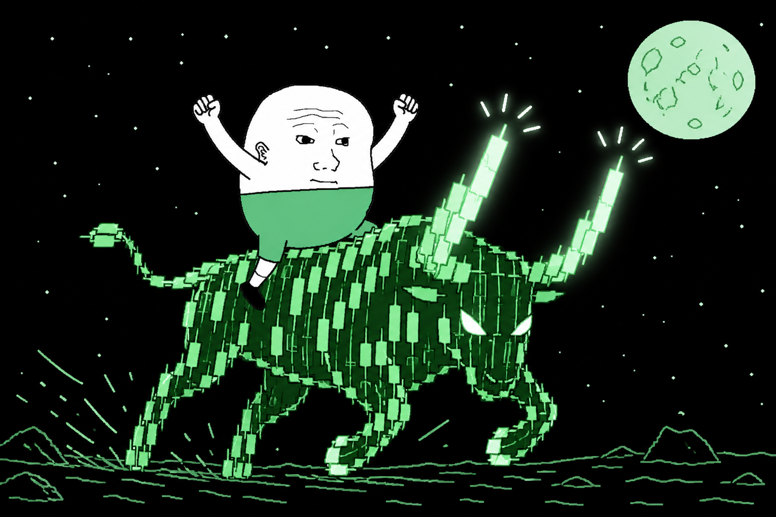 Pumpooor riding a bull made of green candles
