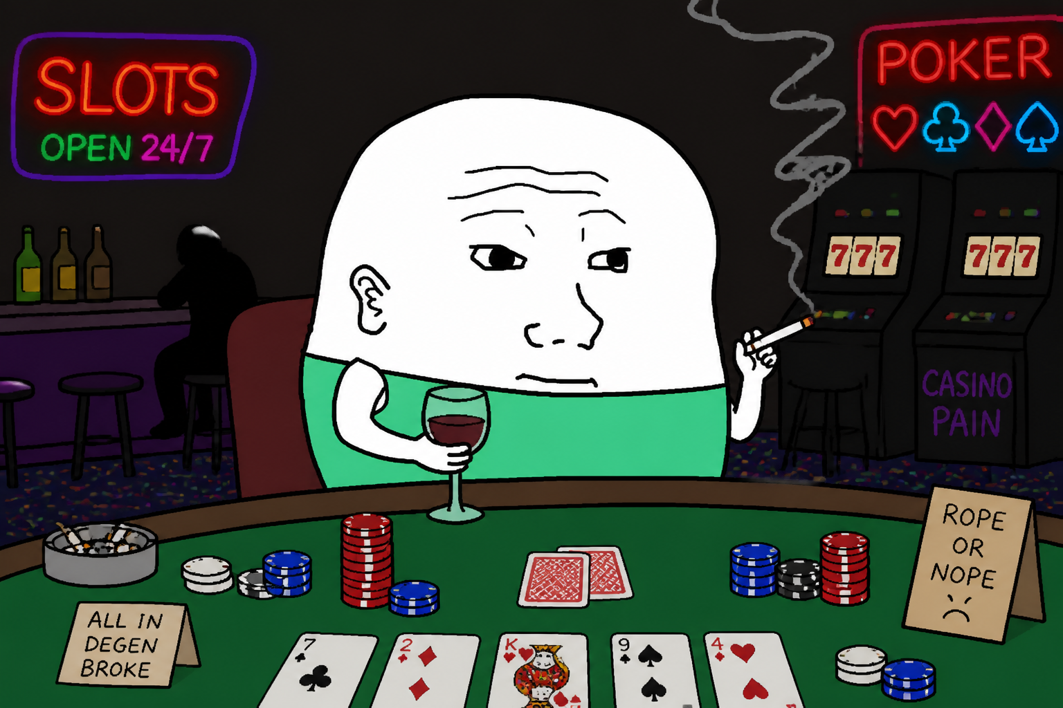Pumpooor at casino table with wine and cigarette