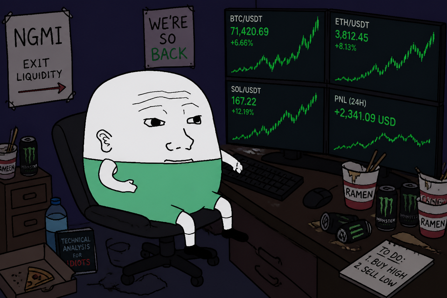 Pumpooor sitting at PC screener in dark trading room
